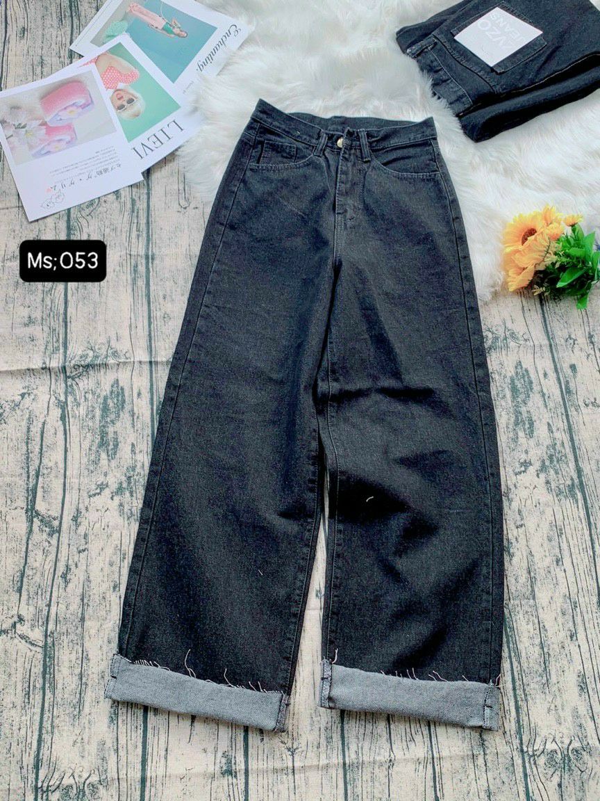 Quần jeans ống rộng trơn đen xám