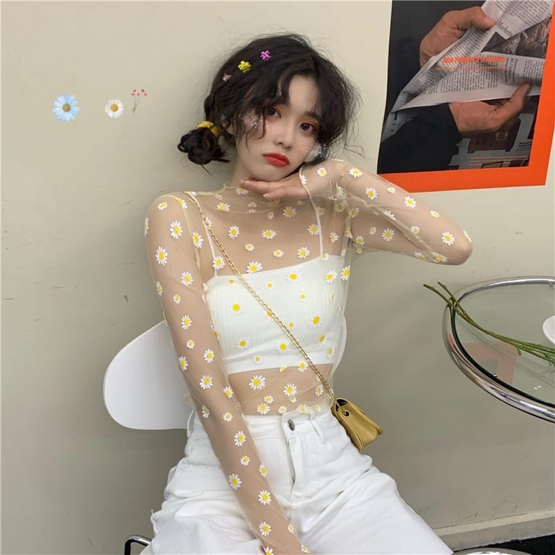 Áo lưới hoa cúc nhí tay dài