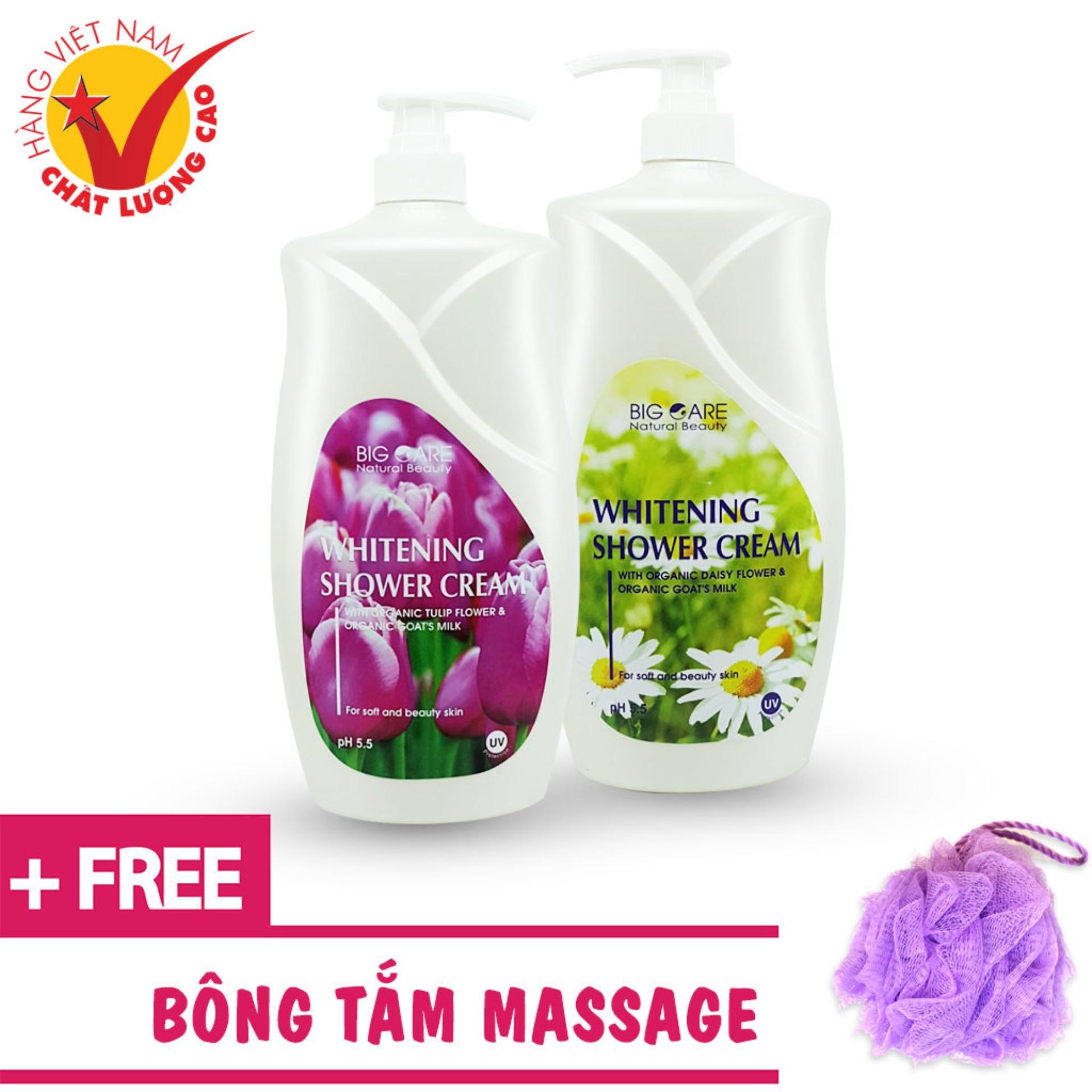 2 Sữa Tắm Trắng Da Sữa Dê Bigcare Cao 1200ml (Mua 1 Tặng Kèm 1 và Thêm 1 Bông Tắm)