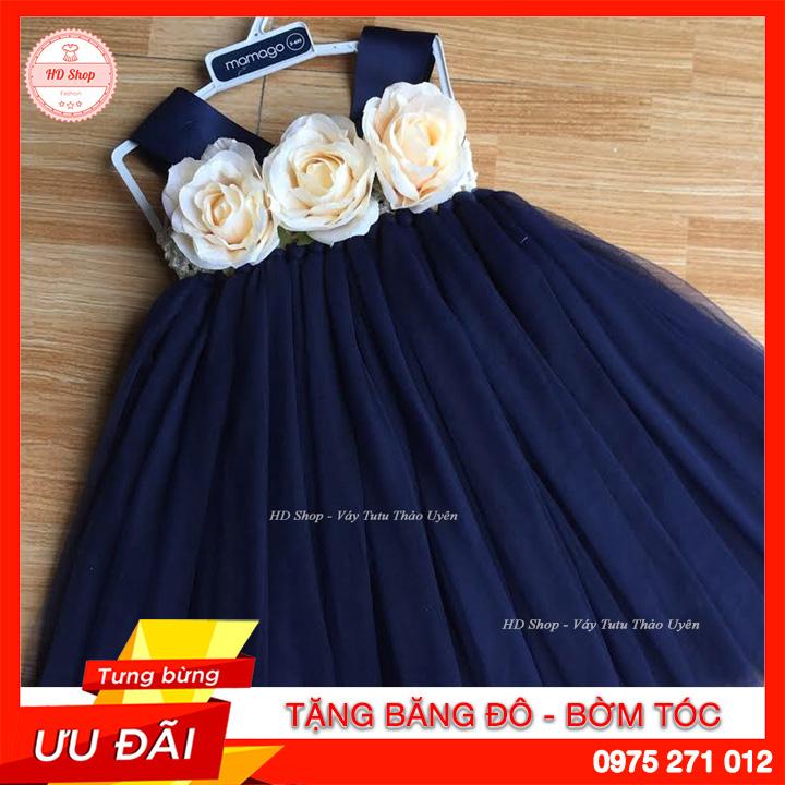 Váy tutu xanh than hoa hồng lụa cho bé gái