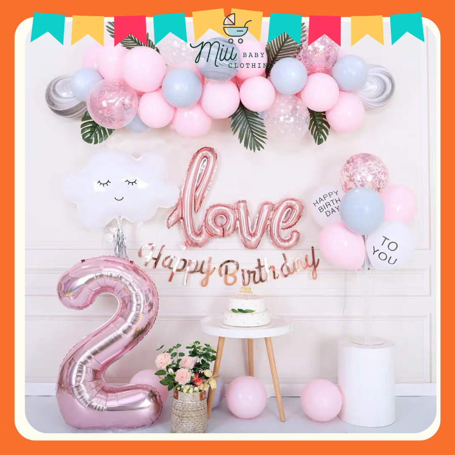 Set bong bóng trang trí sinh nhật có lá phong cách Hàn Quốc tông màu pastel xinh xắn