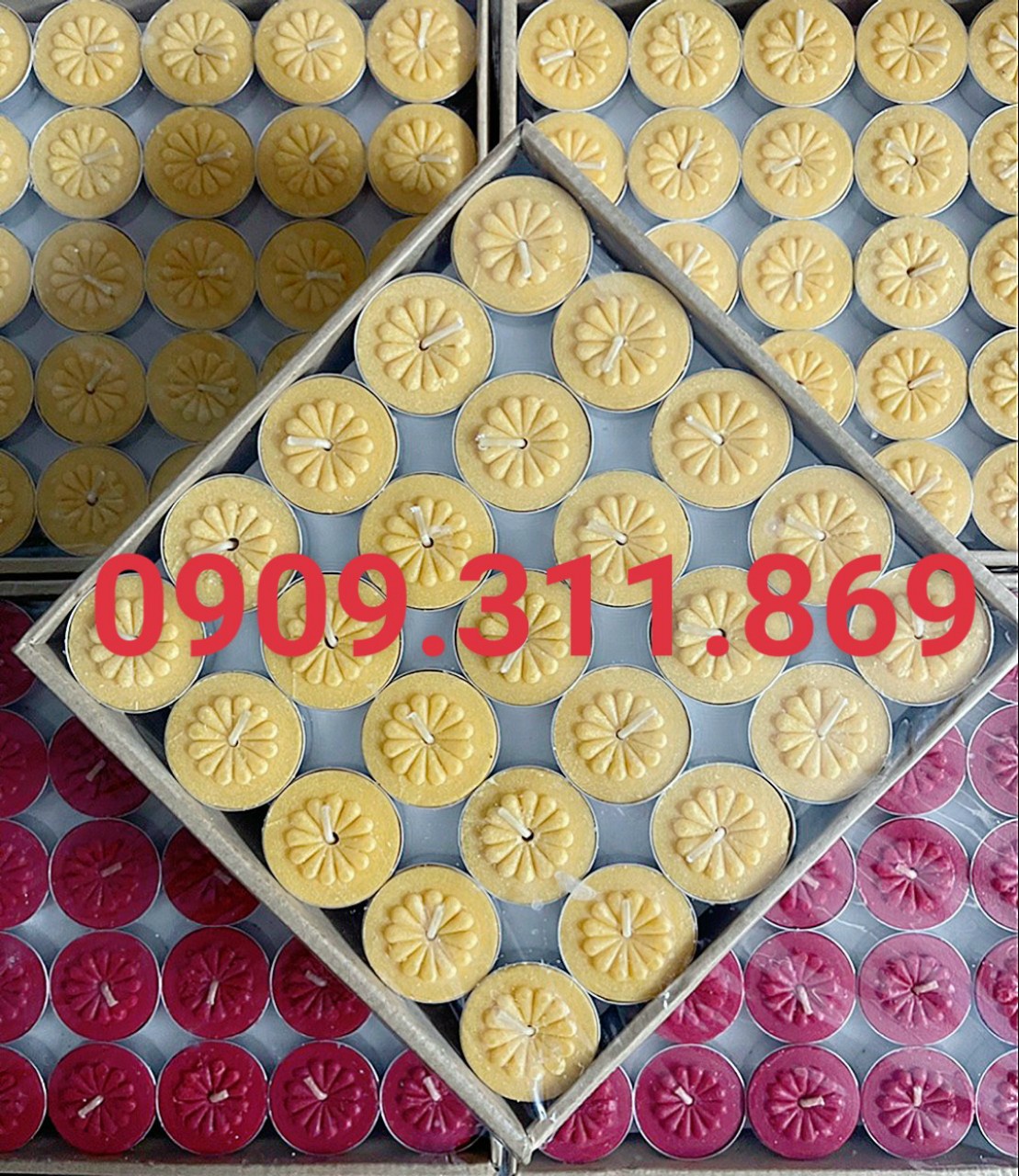 Nến nhôm đặc biệt hộp 100 viên cháy được 2 tiếng và 4 tiếng | Nến tealight hoa mai 3 màu vàng, đỏ,tráng | không mùi, không khói