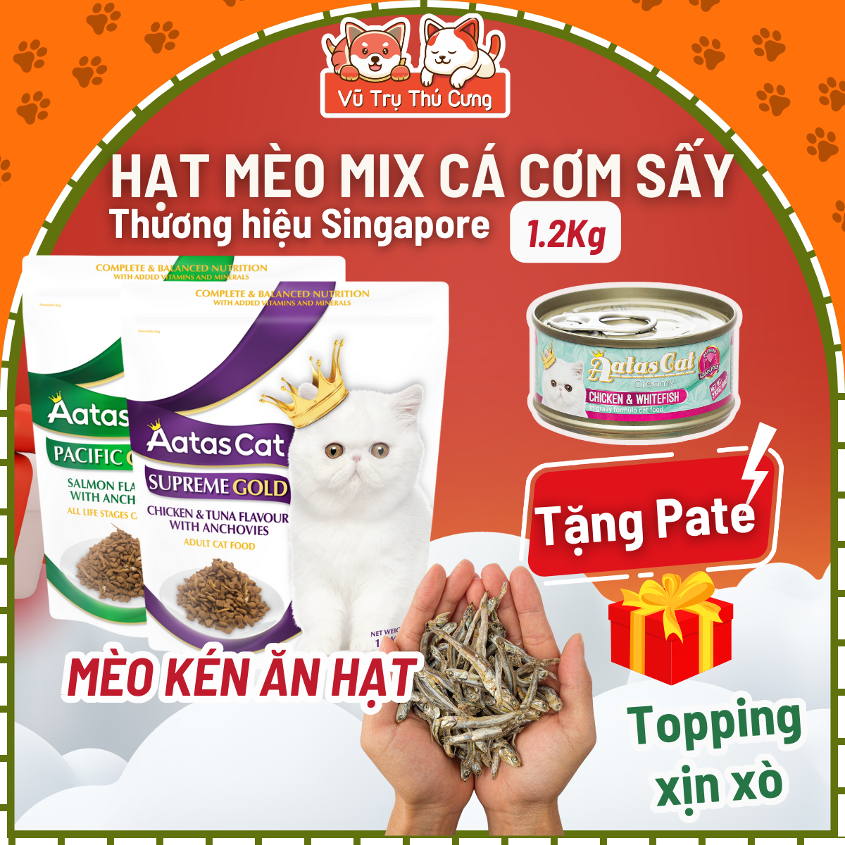 Thức ăn hạt Aatas Cat cho mèo kén ăn mix Cá cơm sấy 1.2kg
