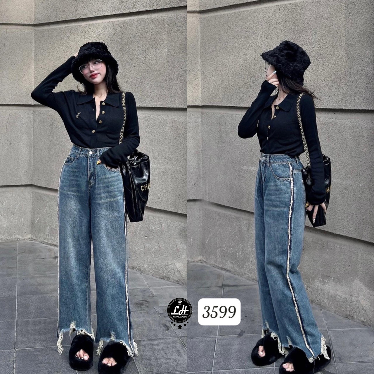 Quần jean nữ ống rộng, quần bò màu xanh rách lai tả tơi cực chất Lê Huy Fashion MS 3599
