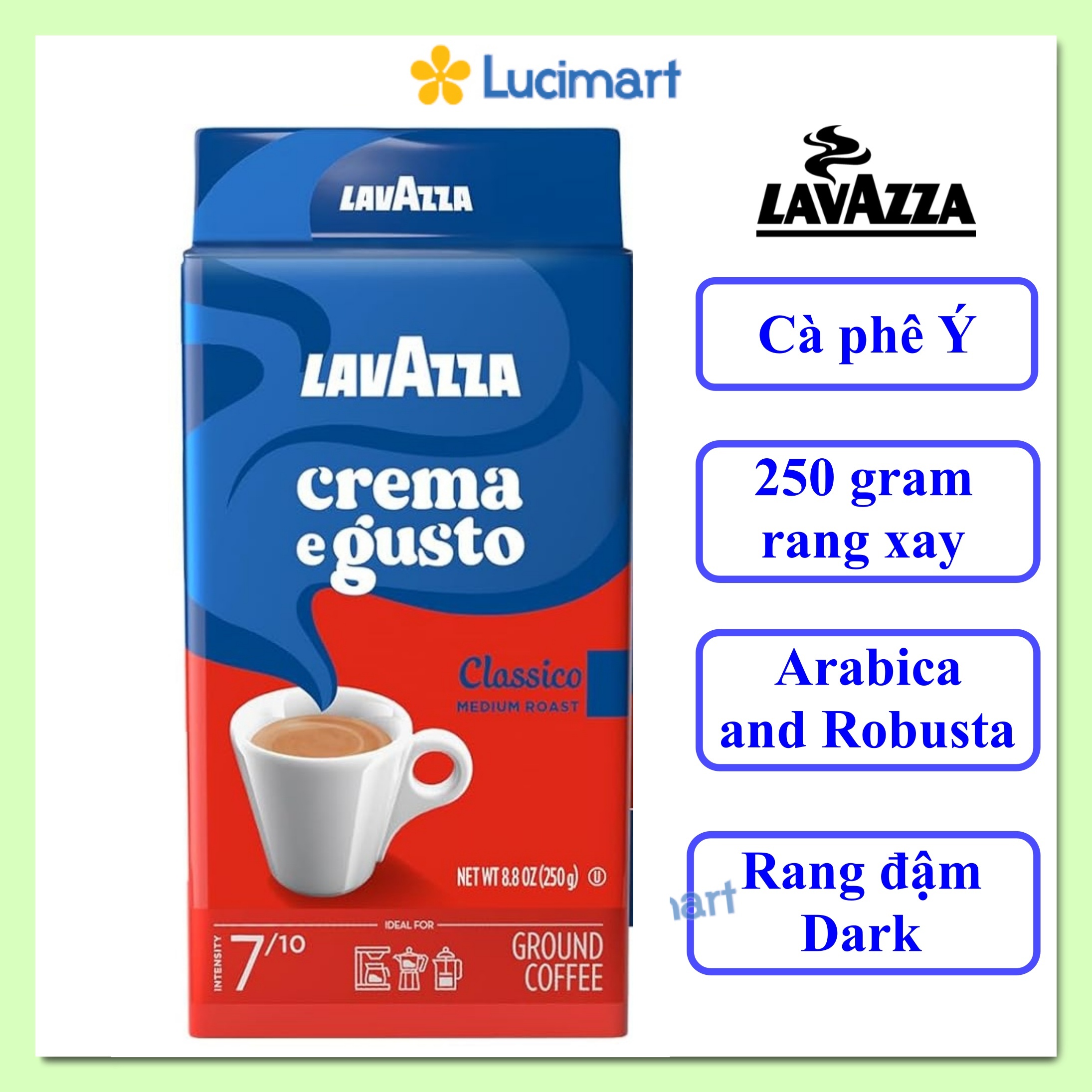 Cà phê Ý Lavazza rang xay sẵn Crema E Gusto Ground Coffee Blend, gói 250 gram [Hàng Mỹ]