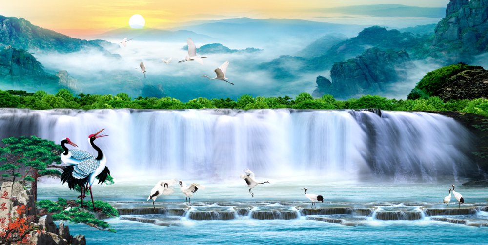 Tranh dán tường phong thủy Đàn hạc bên thác nước VTC LunaTM-0077 phủ kim sa