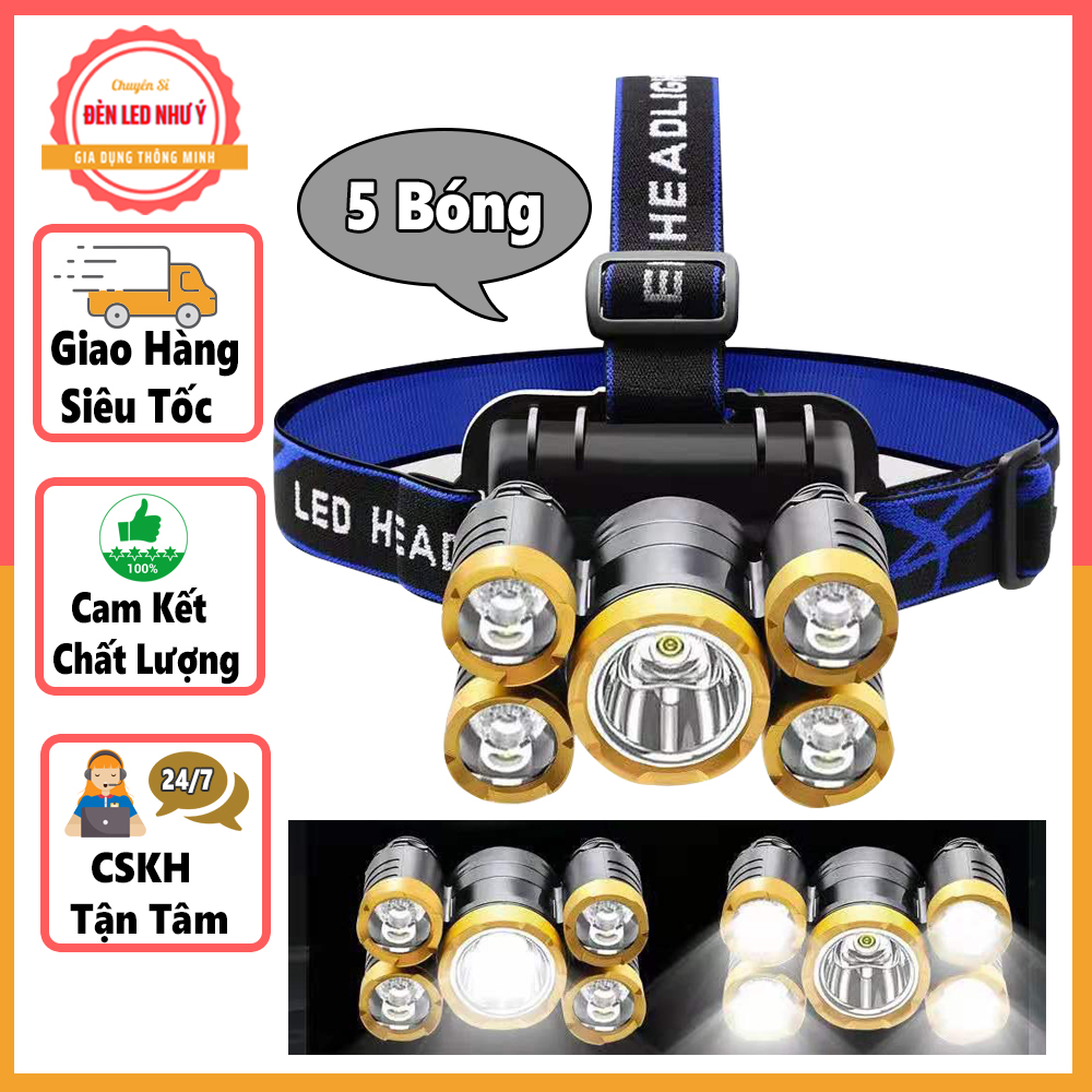 Đèn pin đội đầu siêu sáng 5 bóng - đèn pin siêu sáng chống nước và chống va đập tốt, đèn pin đội đầu đa năng