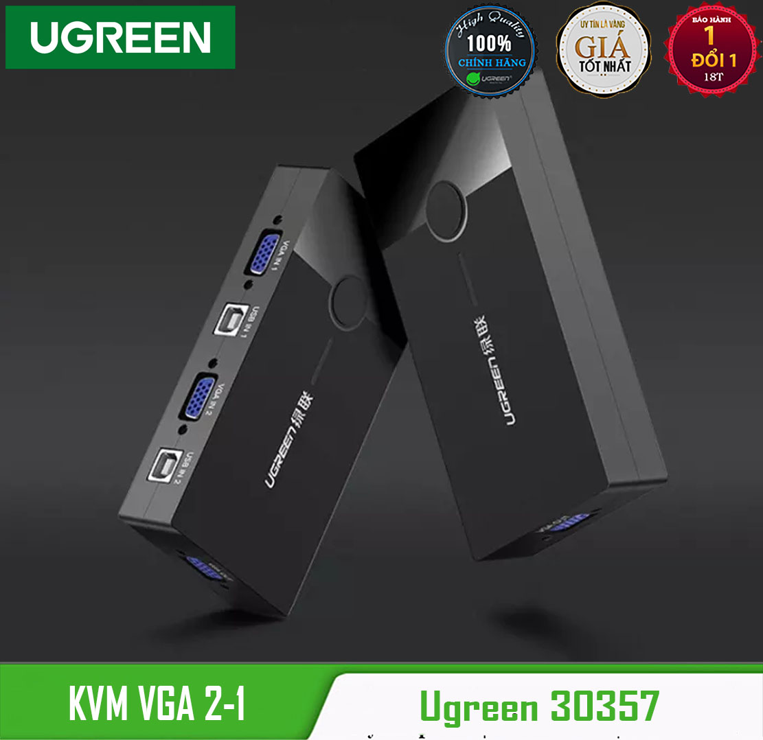 Kvm switch vga 2 ra 1 ugreen 30357- kết nối 2 cpu dùng chung 1 màn hình và 3 cổng usb