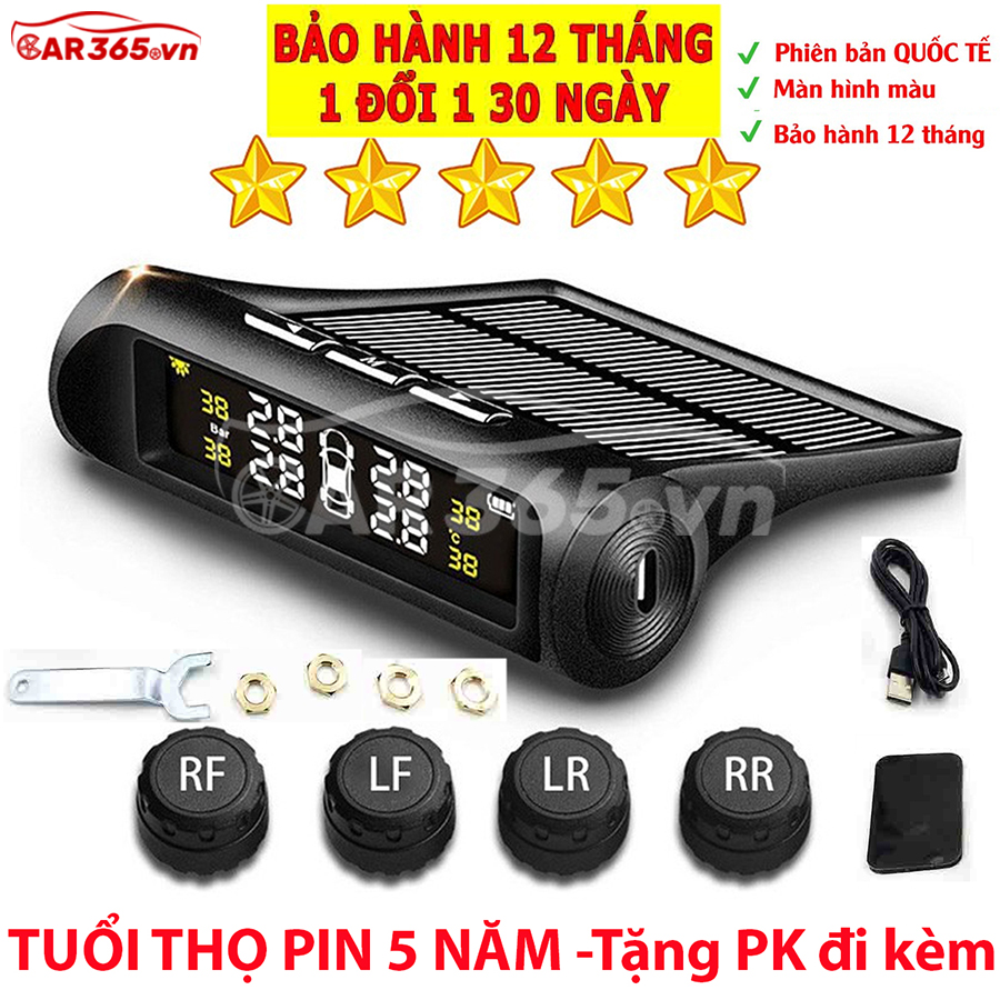 Cảm biến áp suất lốp ô tô xe hơi gắn ngoài cao cấp Car365, Pin sạc năng lượng mặt trời, màn hình LCD hiển thị áp suất và nhiệt độ lốp, Công nghệ Đức cảnh báo bằng hình ảnh và âm thanh, tuổi thọ pin 5 năm, kết nối không dây