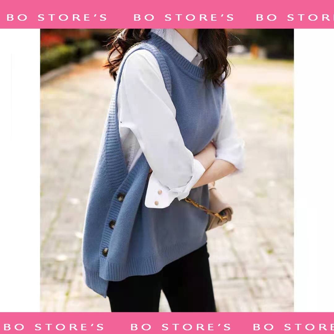 Áo gile len mỏng cổ tròn hai bên vạt đóng cúc chất dệt kim mềm mịn dáng rộng freesize