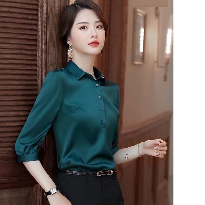 Áo sơ mi nữ kiểu công sở - tay lỡ cài nút ngực - vải satin siêu đẹp siêu mát