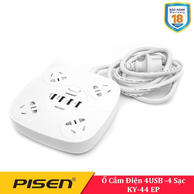 Ổ cắm điện đa năng Pisen KY-44 EP (4USB, 4AC )- BH 18 Tháng