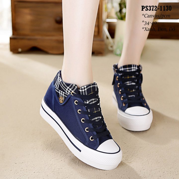 Giày sneakers vải canvas họa tiết kẻ đế cao 7cm PS372-1130