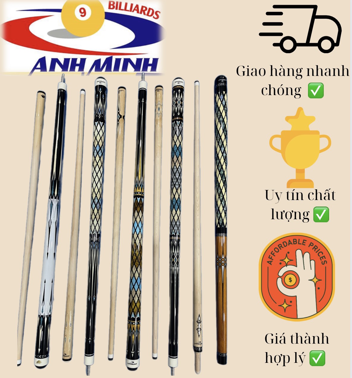 Cơ bida Longonii & Rhino kèm combo [bao cơ cứng,ruốc trong,găng Adam, Kính trợ lực,đầu IBS, nắp chụp, lơ Hàn Quốc]