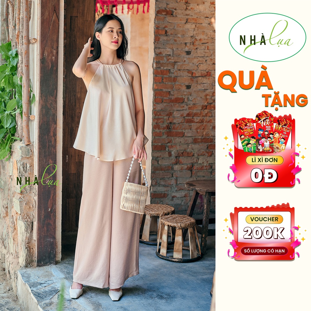 Set yếm nữ lụa Latin quyến rũ đi biển màu be - Áo yếm kèm quần lụa ống suông rộng bộ mặc dạo phố Nhà Lụa SE004