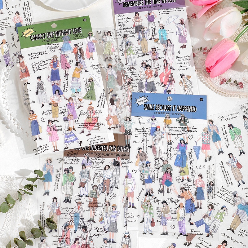 ENWEI 2 Sheets Keep Walking Series Cartoon Girl Journal Stickers Scrapbooking Waterproof Sticker Journaling Material Scrapbook Paper