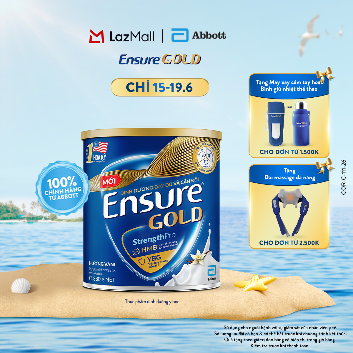 [CHỈ 15-19.06 QUÀ TẶNG CHO ĐH 1500K/2500K-SLCH] Lon sữa bột Ensure Gold hương Vani 380g