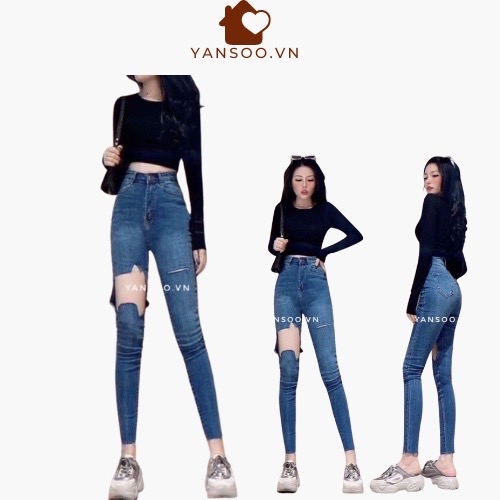 Quần jean bó giãn rách gối cạp cao hách dáng full size sml ,quần bò bó nữ lưng cao YANSOO