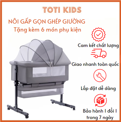 Nôi gấp gọn cho bé nôi ghép giường có bánh xe di chuyển tặng kèm màn chống muỗi