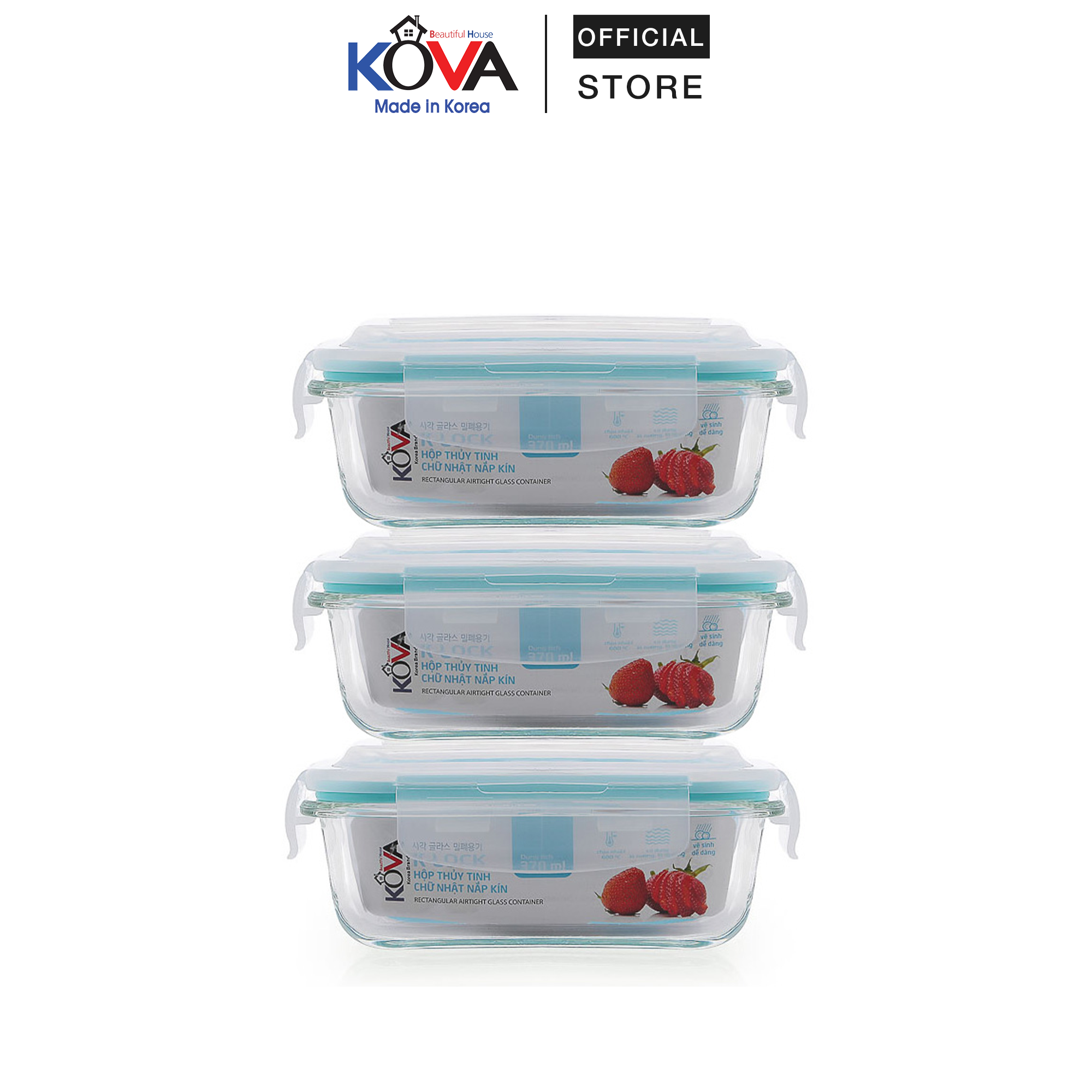 Bộ 3 hộp thủy tinh chịu nhiệt kova 370ml
