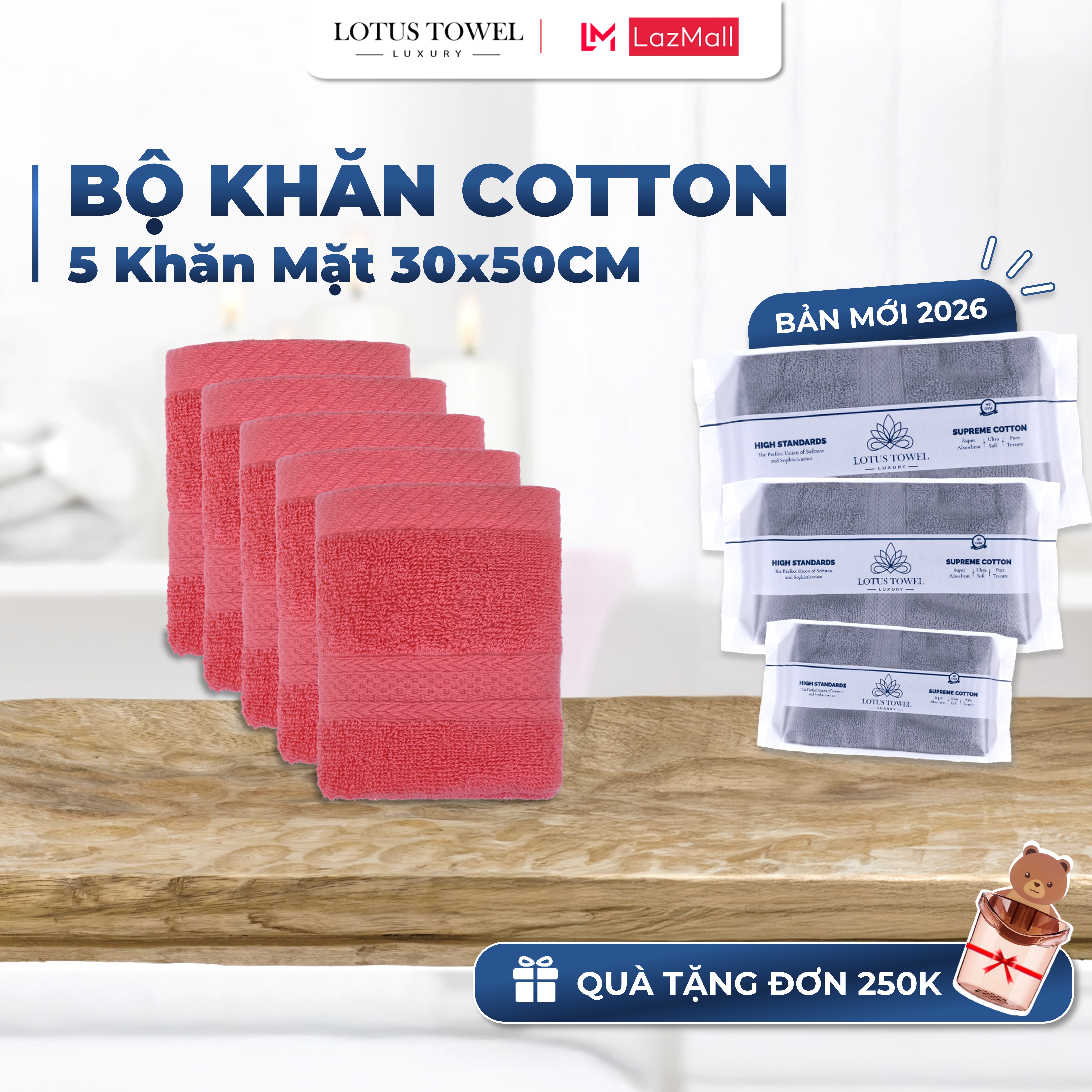  Bộ 5 Khăn mặt LOTUS TOWEL 30x50cm 100% Cotton Cao Cấp Mềm Mịn Thấm Hút Không Ra Màu 