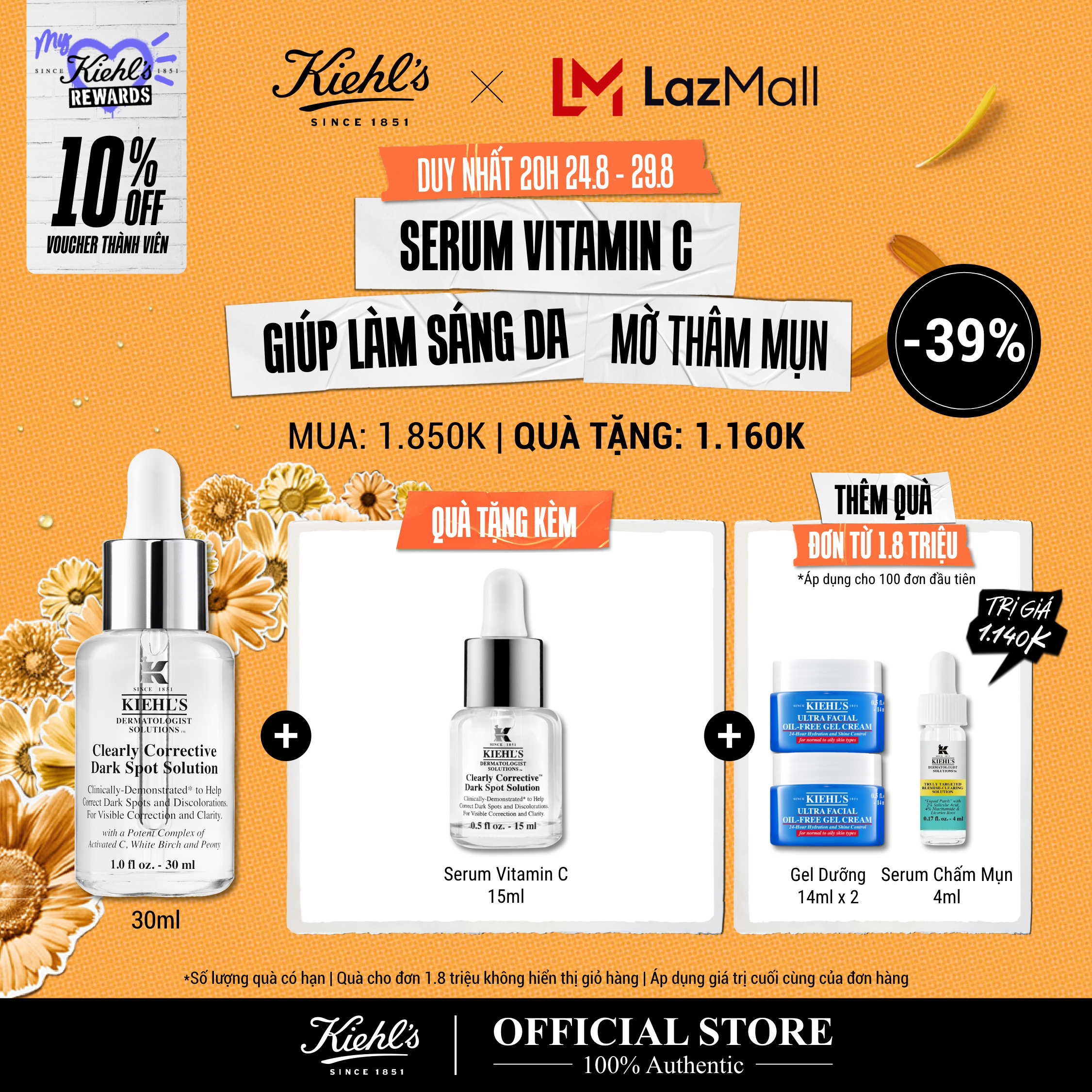 [VOUCHER 10% - TẶNG QUÀ ĐƠN 1.8TR] Tinh Chất Serum Làm Sáng Da & Mờ Thâm Mụn Vitamin C Kiehl's Clearly Corrective™ Dark Spot Solution 30ML
