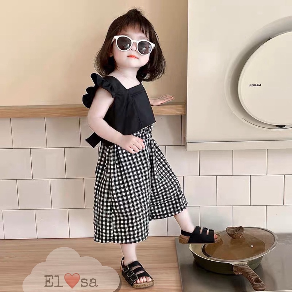 Quần áo bé gái Set Áo Cánh Tiên Nơ Lưng Mix Quần Caro Dáng Rộng Xinh Xắn Cho Bé 18 Tuổi