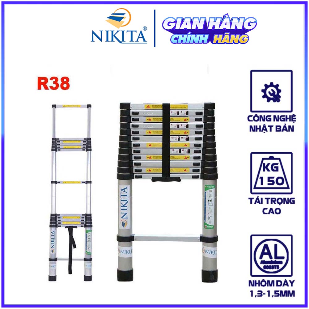 Thang nhôm rút 3 mét 8 - tiêu chuẩn châu âu r38 - chính hãng nikita