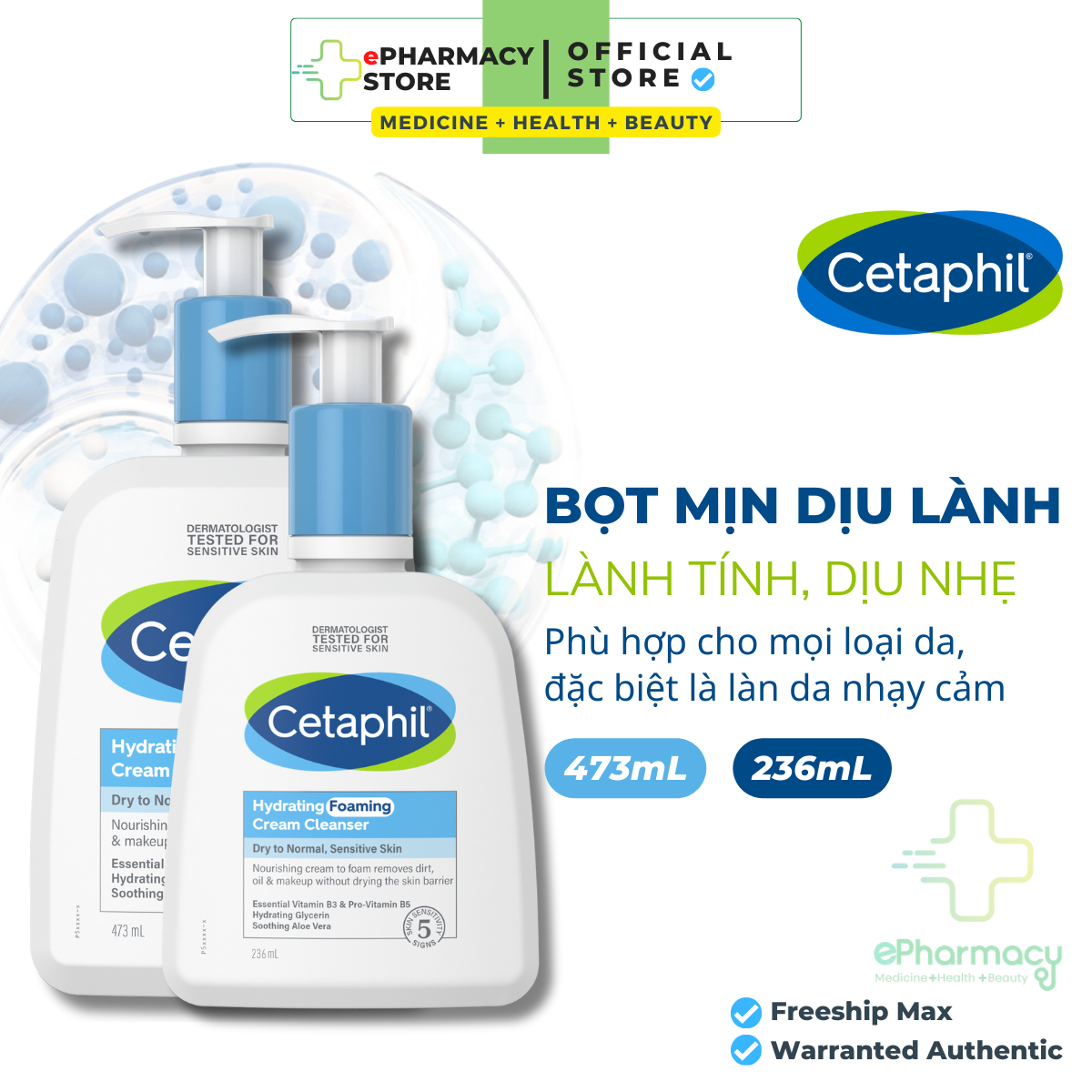 Sữa rửa mặt tạo bọt mịn cetaphil hydrating foaming cream cleanser dịu lành cho da nhạy cảm 236ml, 473ml