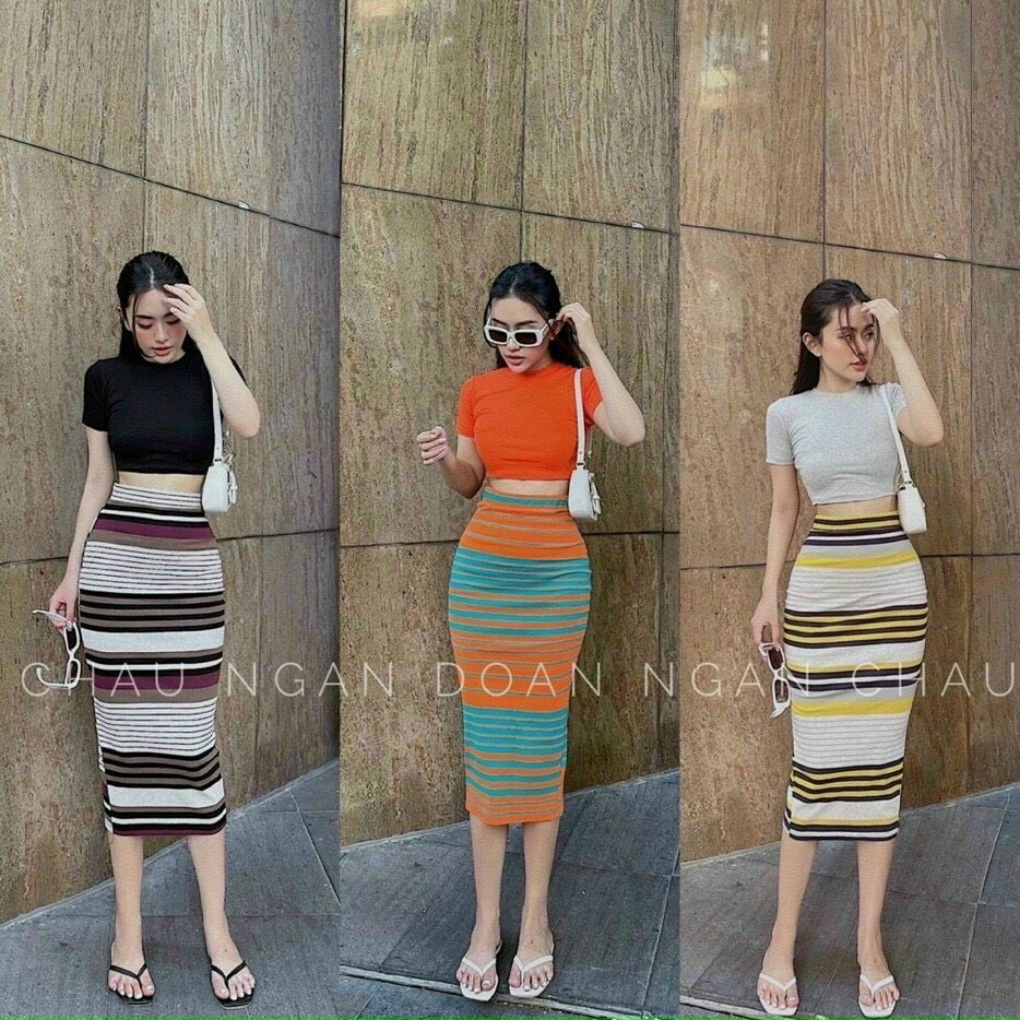 [ Voucher 50k Freeship Max 0 đồng toàn quốc ]SET VÁY DÀI ÔM BODY KẺ SỌC NGANG, ÁO CỔ TRÒN TAY NGẮN TÔN DÁNG QUYẾN RŨ -MTB