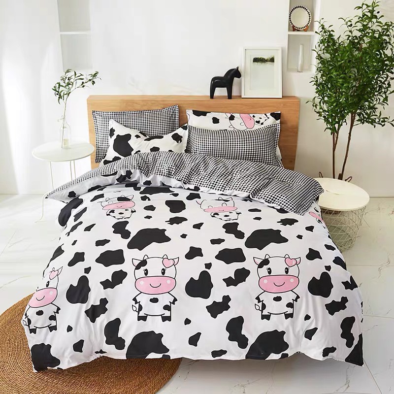 Bộ Chăn Ga Gối Cotton Poly Bò Sữa Trắng Cute