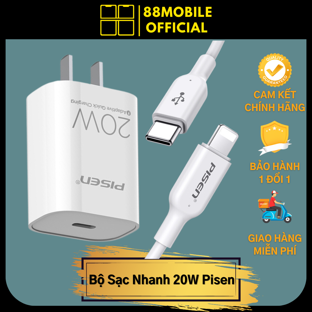 Bộ sạc nhanh 20w 30w Pisen Chuẩn PD Bảo Hành 1 Đổi 1 Trong 12 Tháng gồm Củ Sạc nhanh 20w và Cáp sạc nhanh 20w I 88Mobile
