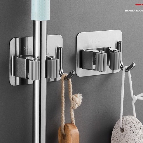 [Inox 304] Móc treo cây lau nhà, chổi, cọ chà toilet, vòi hoa sen - Không cần khoan tường