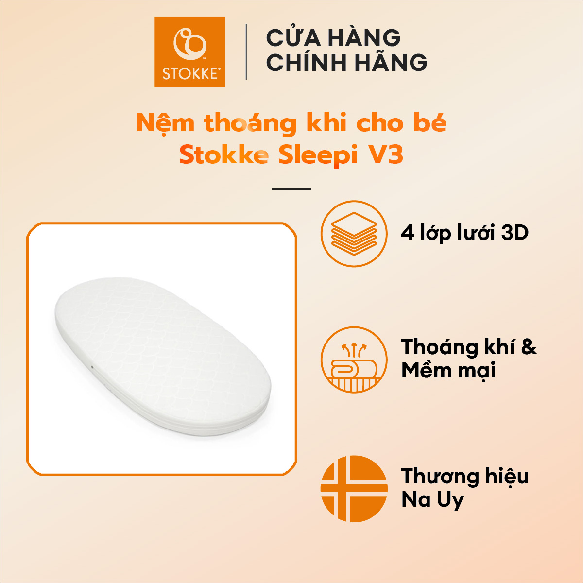 Nệm giường cũi cao cấp, với lõi đệm làm từ sợi Sorona êm ái thoáng khí cho bé - Đệm cũi Stokke Sleepi Bed Mattress V3