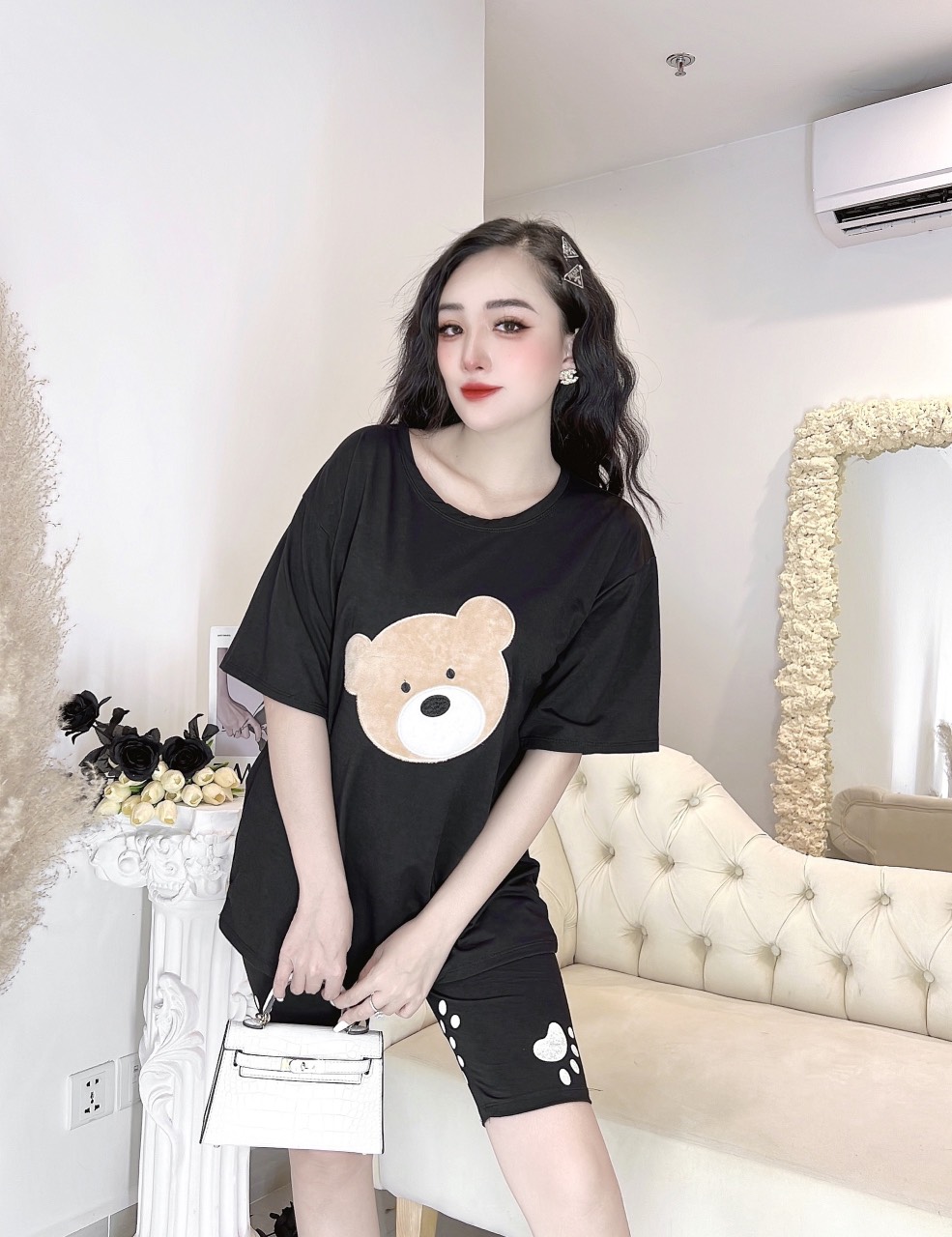 Có bigsize tới 85kg- đồ bộ nữ quần lửng legging thun cotton co giãn set đồ bộ nữ gấu mặc nhà dễ thương bigsize b03
