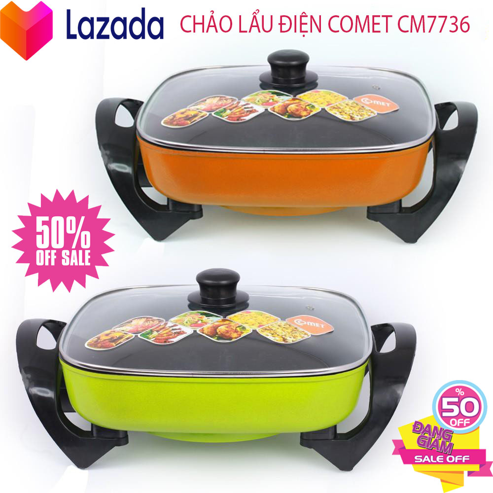 Chảo Lẩu Điện Đa Năng Comet CM7736 Cao Cấp,  Nồi Lẩu Điện Tiện Dụng Đa Năng - Chất Liệu Cao Cấp Chống Dính Ưu Việt - 5 Mức Điều Chỉnh Nhiệt Độ Tiện Ích Sử Dụng Cho Mọi Gia Đình, Bảo Hành 12 Tháng.