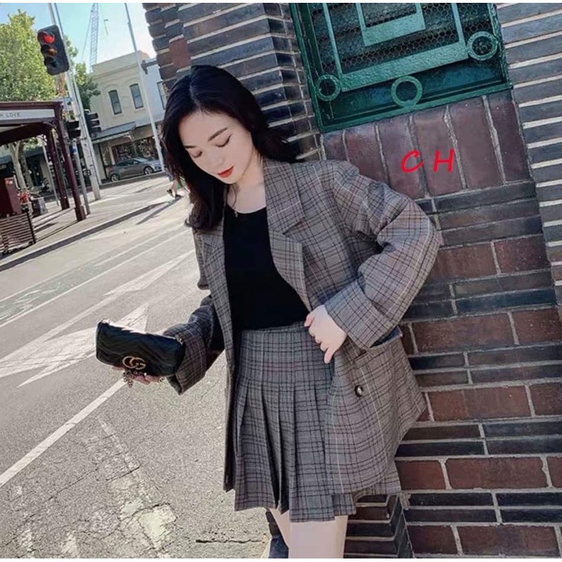 Siêu phẩm sét váy vec xếp ly kẻ tay dài cực đẹp