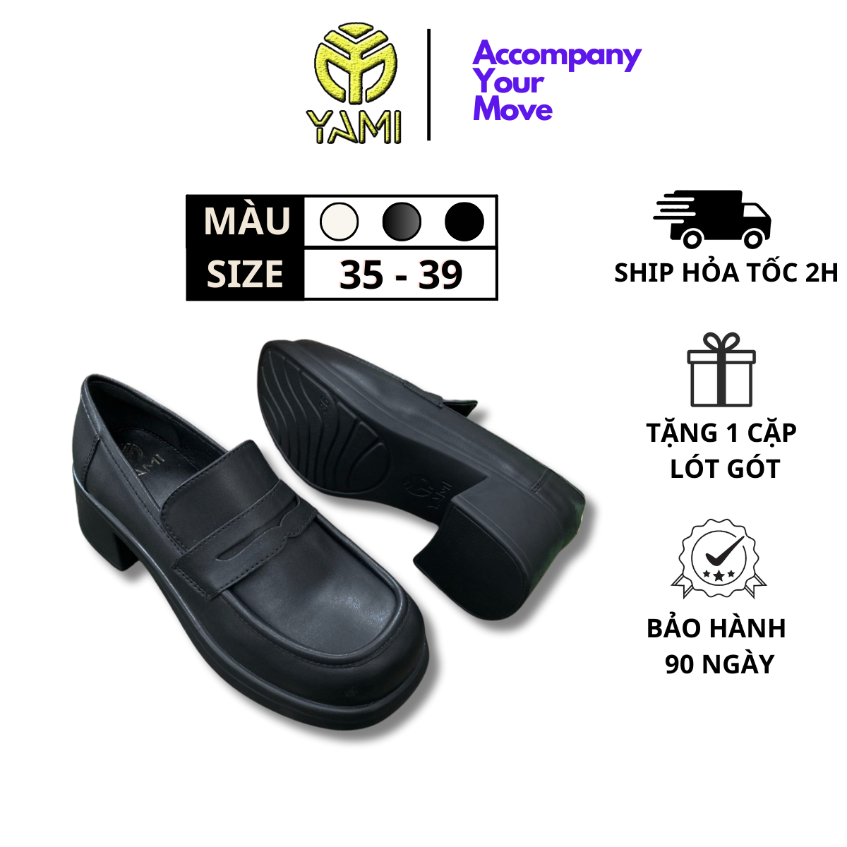 Giày loafer nữ, giày moca nữ đế cao 7 phân, giày lolita đế vuông mũi vuông màu đen trắng, giày mary jane - yami
