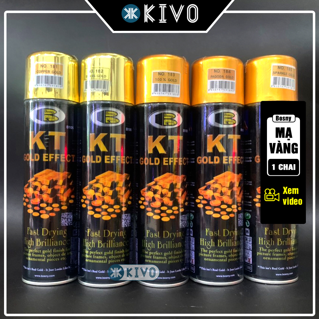 Sơn Xịt Mạ Vàng Bosny 18K 24K KT Màu 181 182 183 184 185 -Sơn Mạ Vàng 24k- Sơn Mạ Vàng Bóng- Sơn Mạ 