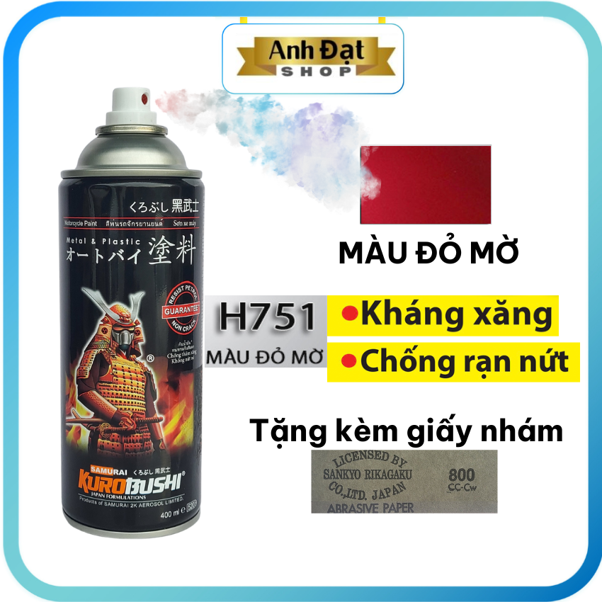 Sơn samurai màu đỏ mờ h751, dung tích 400ml, có khả năng kháng xăng , chống rạn nứt - anh đạt shop