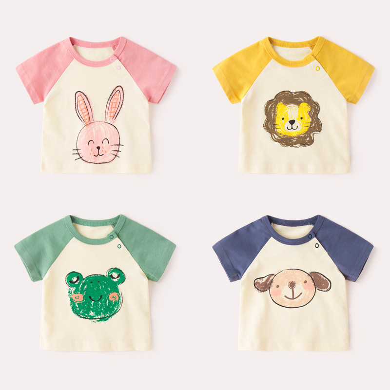 Áo cộc tay cho bé gái in họa tiết sư tử, cún con