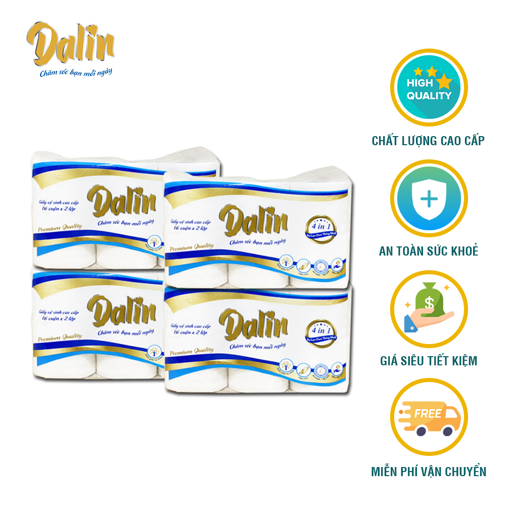 Giấy vệ sinh, giấy ăn có lõi nguyên sinh DALIN cao cấp 4 lốc 6 cuộn