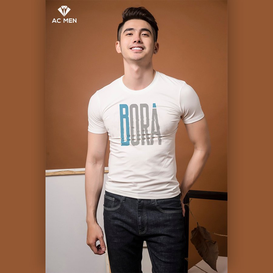 Áo thun nam cổ tròn in chữ bora - ac men