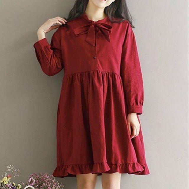Đầm babydoll ĐỎ NƠ CỔ - Đầm nữ dự tiệc dạo phố dễ thương