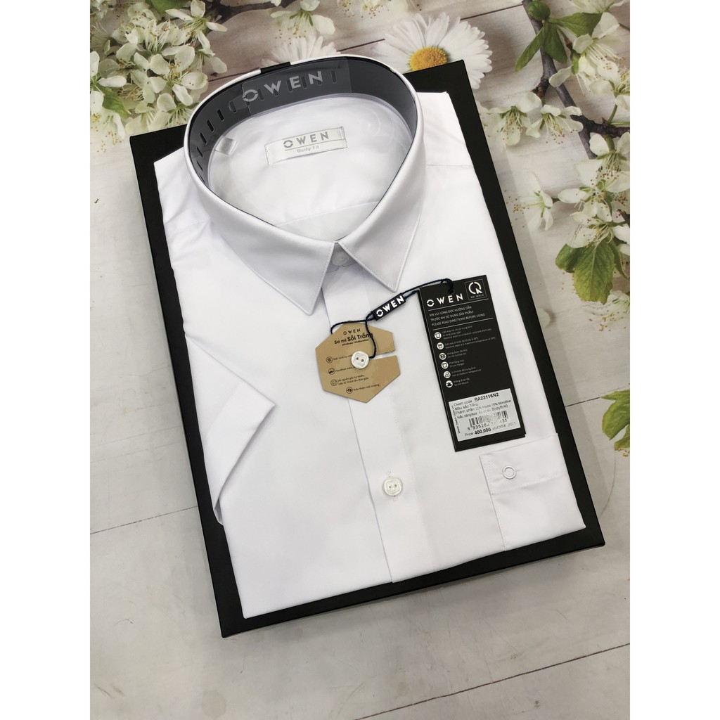 Áo Sơ Mi Trắng Nam Tay Ngắn Owen BA23116N2 Trắng Trơn Kiểu Dáng Body Fit Tà Bằng Chất Liệu Sợi Sồi