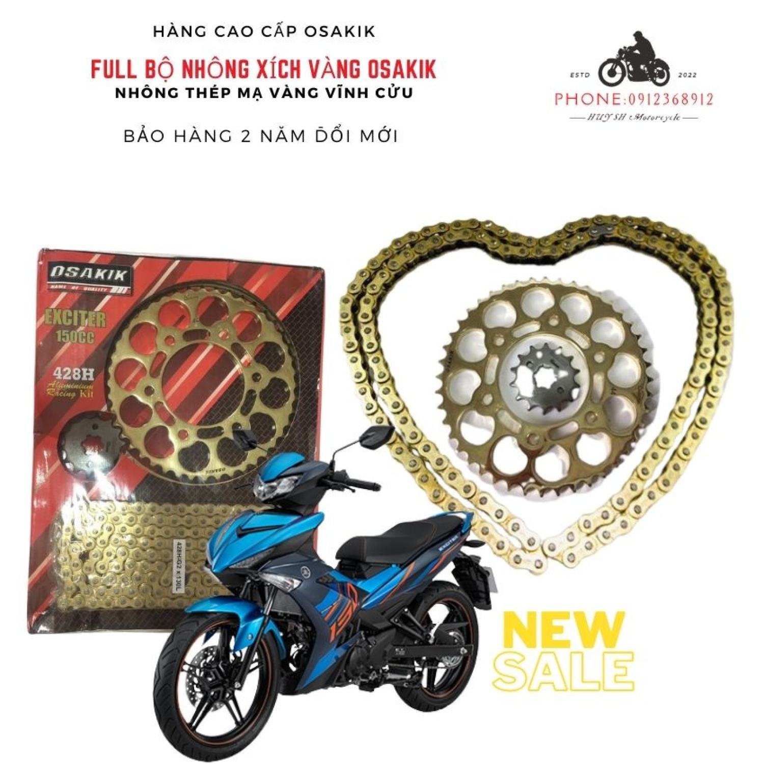 Nhông sên dĩa did vàng vĩ exciter 150 thương hiệu osakik, nhông sên dĩa nhật bản, bộ nhông sên dĩa exciter 150, bộ ba xe exciter 150, nhông sên dĩa cao su