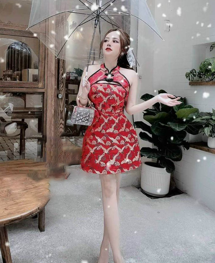 Đầm nữ cổ tàu nút mây body chất vải cotton in thời trang HARI