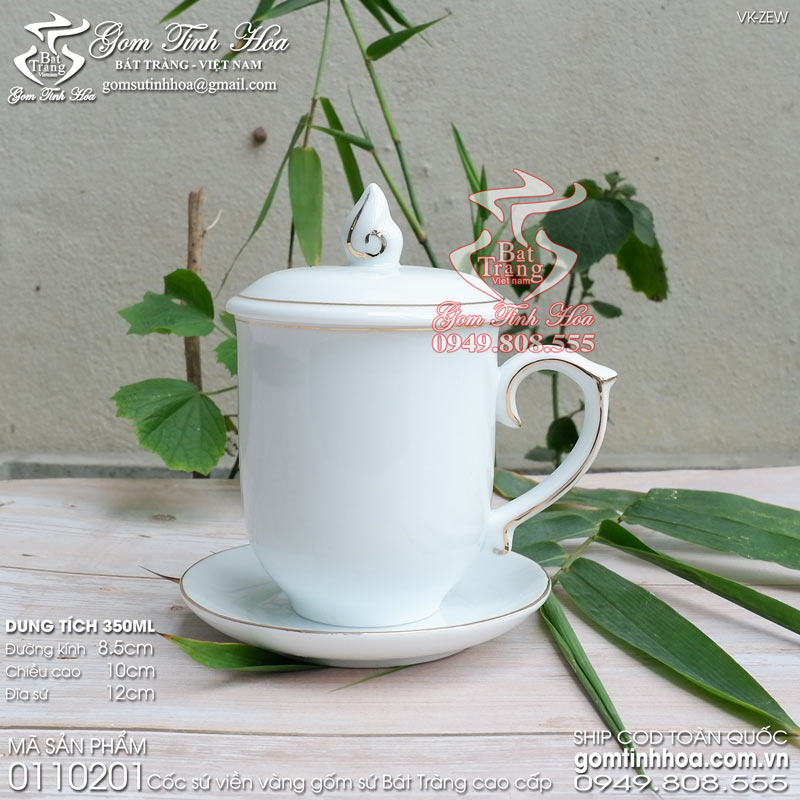 Ly cốc Mẫu Đơn viền vàng gốm sứ Bát Tràng cao cấp