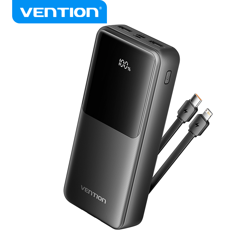 Vention Sạc Dự Phòng 20000mAh 22.5W - 3 Cổng + 2 Dây Tích Hợp (Type-C & Lightning) - Sạc Nhanh cho iPhone, Samsung, Xiaomi, Màn Hình LED Số - Đen