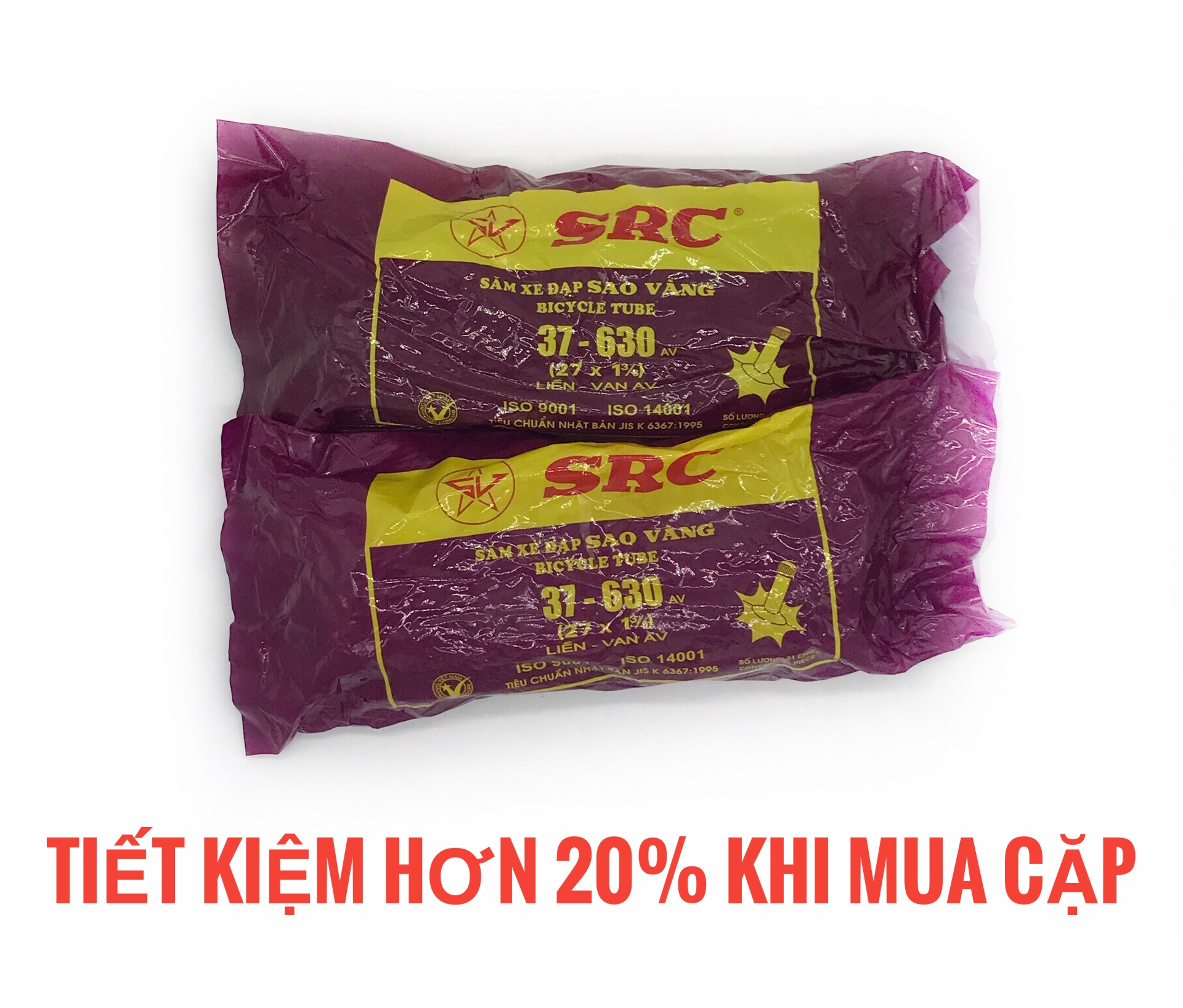 Bộ 2 Săm Ruột xe đạp nhôm Sao Vàng SRC 37-630, đầu vòi 48mm, dành cho xe đạp học sinh, sinh viên, xe đạp Nhật, Sản xuất tại Việt Nam
